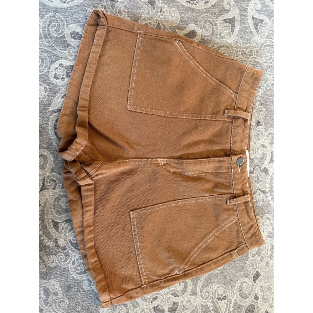 RSQ Womens High Waisted Carpenter Denim Shorts Brown Contrast Stitch‎ Size 28